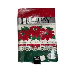 Vintage Sunweave Christmas Tablecloth Poinsettia Holly Bows 52”x70" Red Green